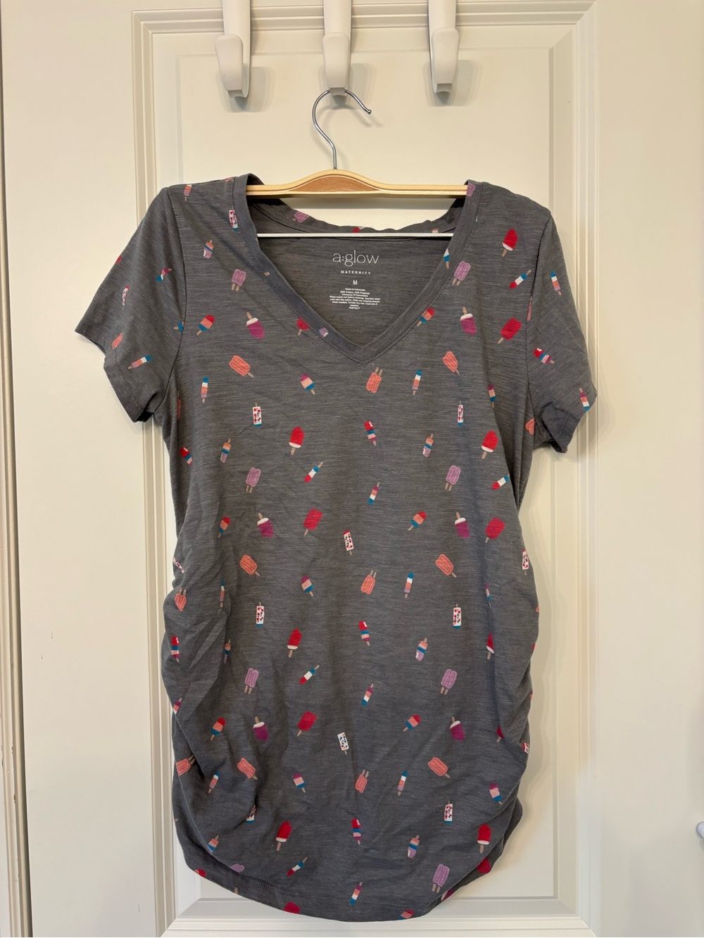 Gray V-Neck Maternity Tee with Multicolor Popsicle Print